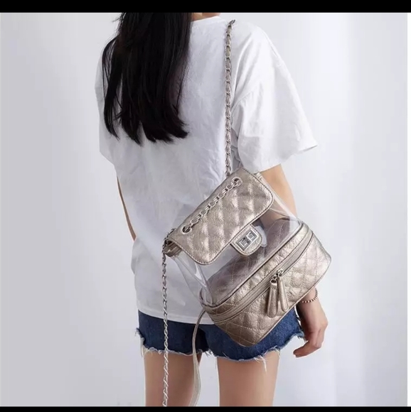 BRAND NEW Gold /clear ladies backpack crossbody bag - Picture 3 of 5